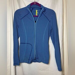Lolë Light and Dark Blue Striped Zip Up Asymmetrical Track Jacket Pocket Size M